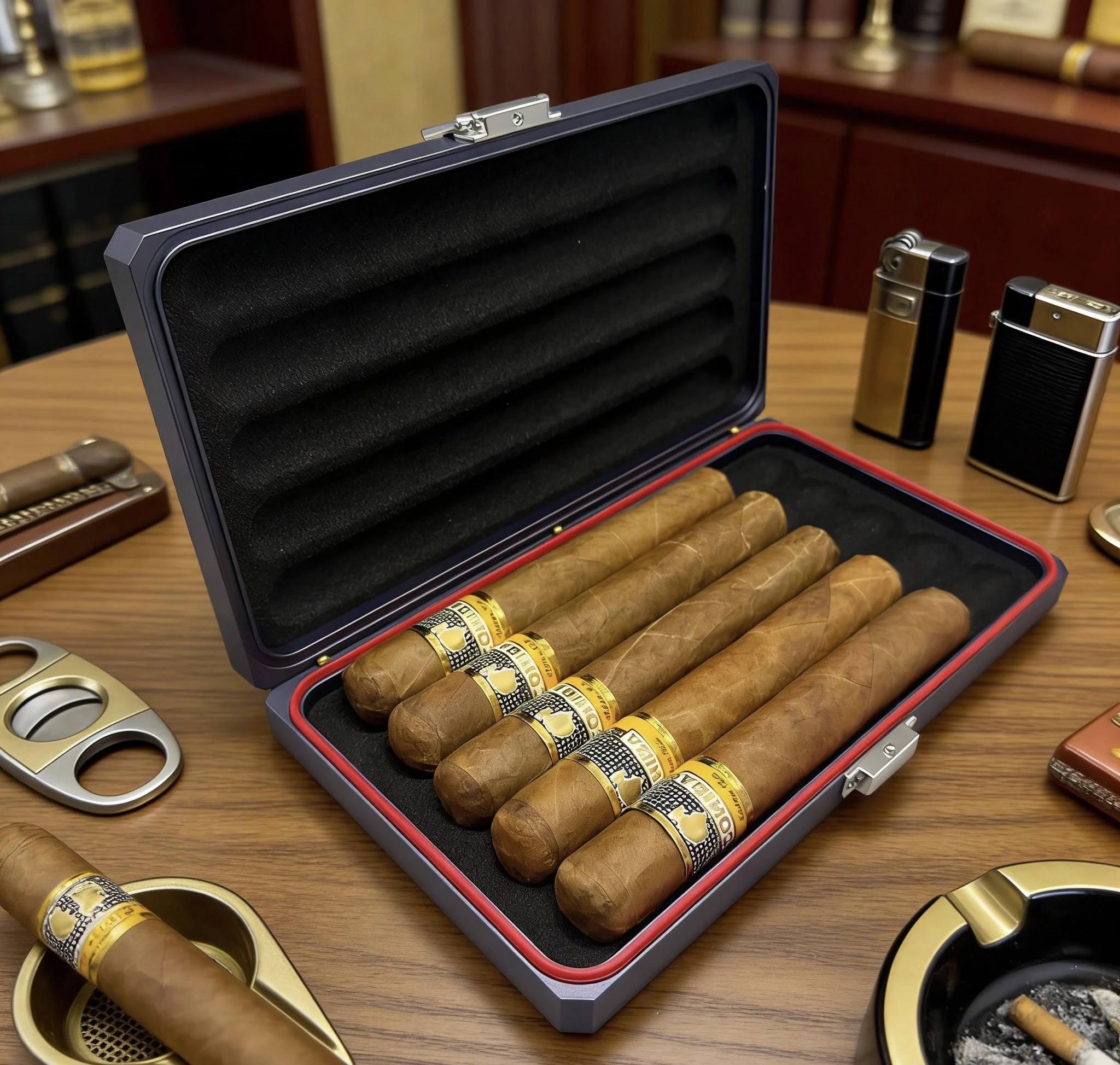 High End Aluminum Alloy Moisturizing Cigar Box, Can Hold 5 Cigars, Portable Sealed Moisture-Proof Cigar Box，Gifts For Men。