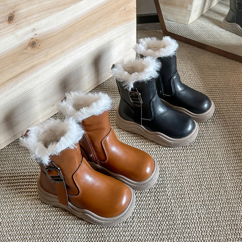 

2025 Winter New Children Leather Boots for Girls Fashion Korean Style Soft Bottom Anti-slippery Versatile Keep Warm Cotton Boots