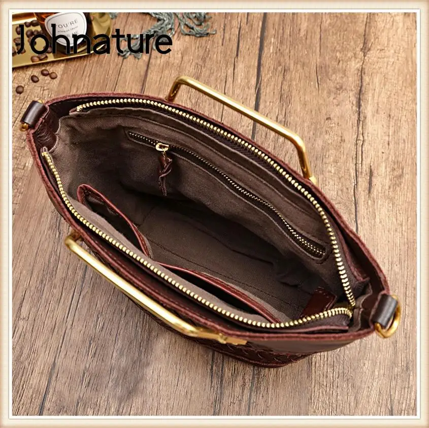 Johnature Hand Woven Women Bag Genuine Leather Vintage Handbag Simple Solid Color Natural Cowhide Shoulder & Crossbody Bags