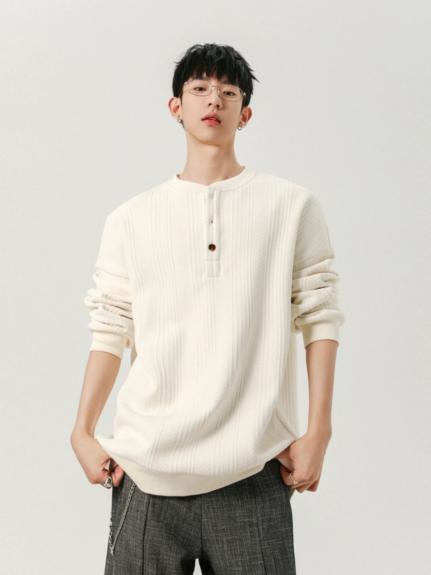 

Wheat Ear Pattern Jacquard Henry Neck Sweater Men's Autumn New Simple Solid Color Texture Long-sleeved T-shirt