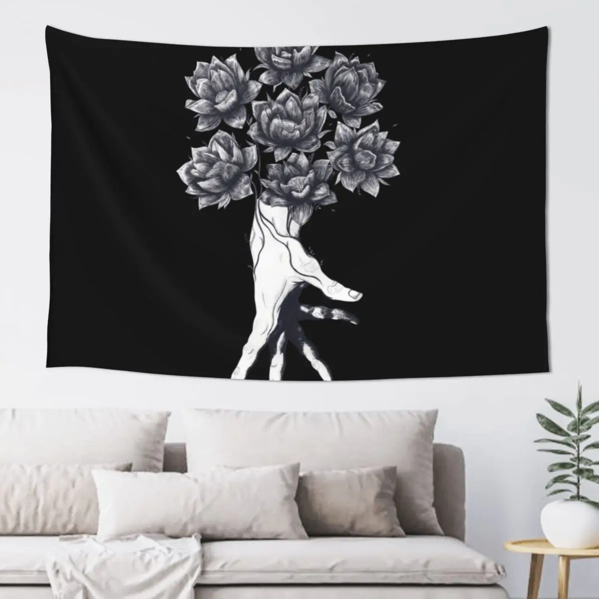 

Hand with lotuses on black Tapestry Decoration Aesthetic Wall Art Tapestry
