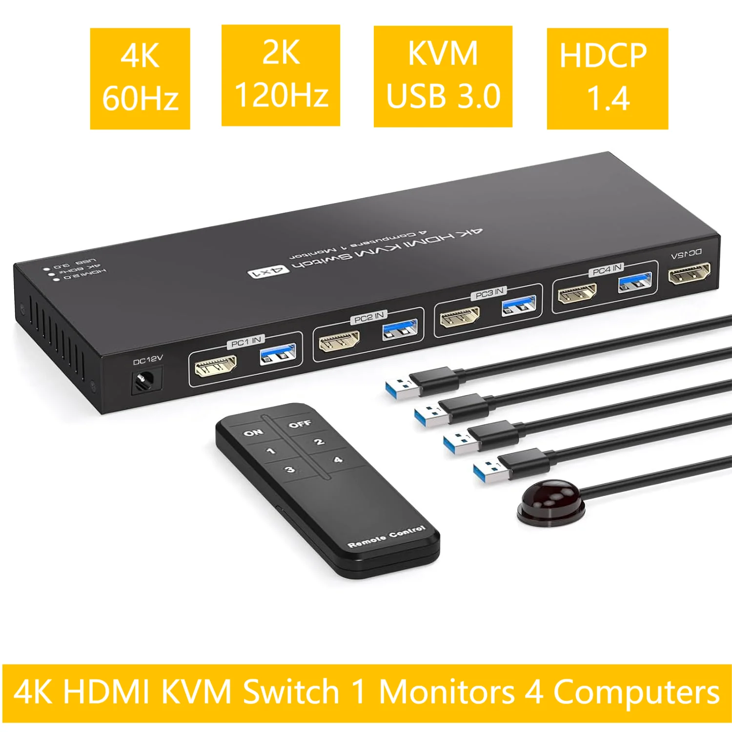 

KVM-переключатель HDMI 4K при 60 Гц 4 компьютера HDMI USB3.0 2K при 120 Гц для 4 компьютеров Share 1 монитор и один комплект клавиатуры, мыши, принтера