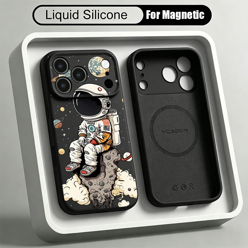 Soft Liquid Silicone Magnetic Case For iPhone 17 Pro Max 16 15 14 13 Pro Max For Magsafe Cartoon Astronaut Pattern Phone Cover
