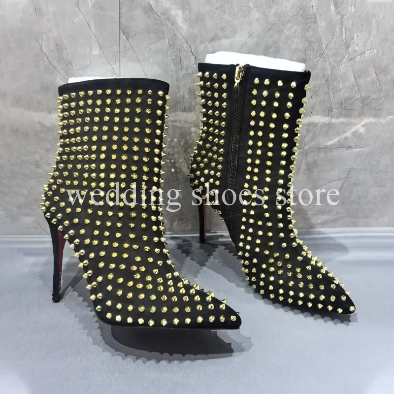 Women's Black Ankle Boots Rivet Glitter Heels Leather Design Stiletto Sexy Fashion Pumps Wedding Pointy High-heeled 10CM Shoe