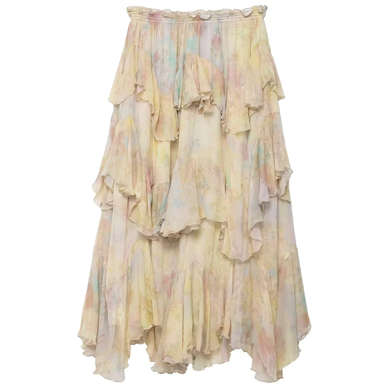 HXAO Print vrouwen Rok Zomer Ruche Lange Rokken Voor Vrouwen Plooien Gelaagde Midi Rok Fee Tule Asymmetrische Vrouwelijke Rok