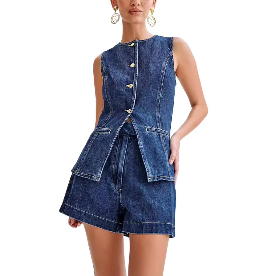 

Summer Women's Denim Shorts Suit Sleeveless Slim O-neck Single Breasted Vest Tops High Waist Loose Shorts Two Piece Set Female