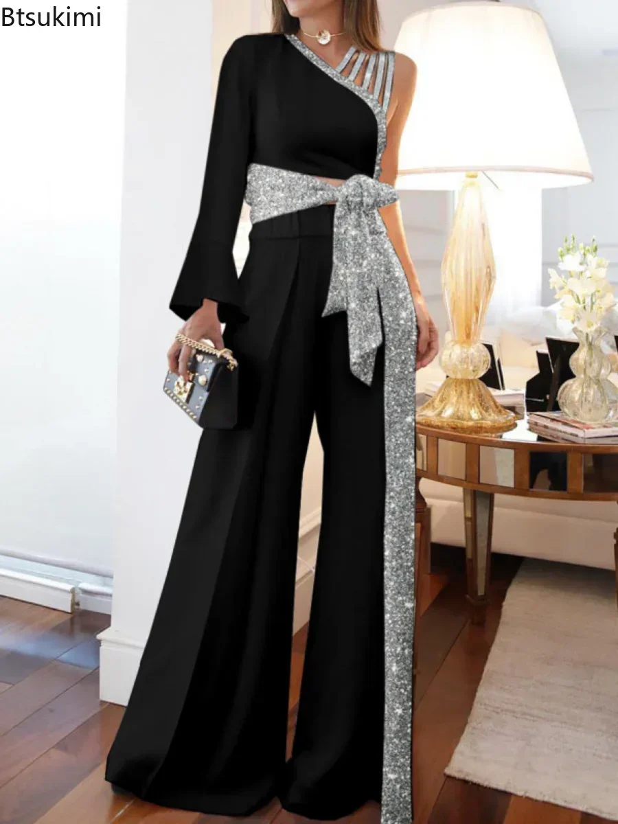 New 2024 Women\'s Elegant Jumpsuit Off-Shoulder High Waist Shiny Wide Leg Jumpsuits Overalls Female Streetwear Outfits with Belt