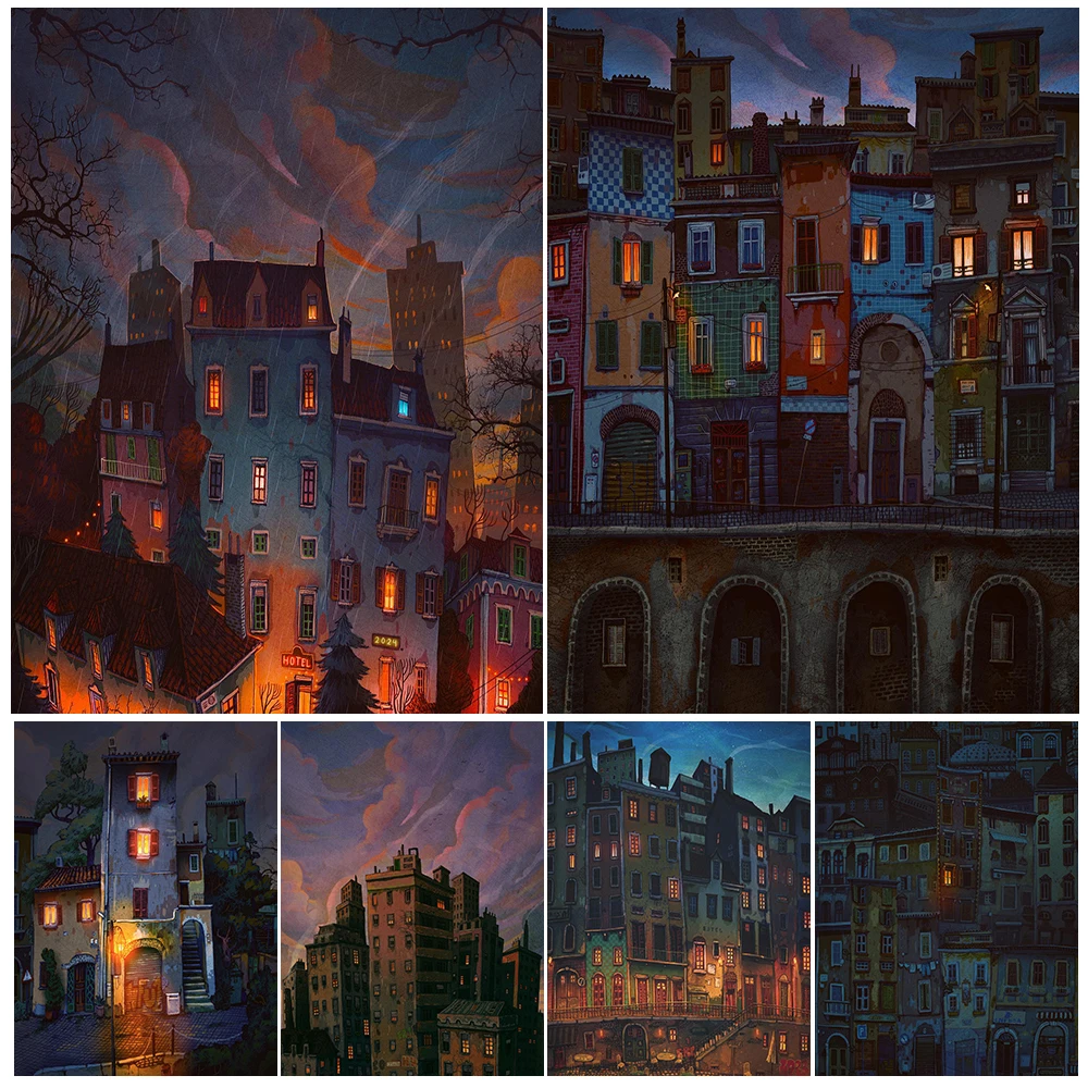 

Cartoon City Building Castle Poster Starry Wall Art Canvas Painting Posters Home Decor Wall Pictures For Living Room Unframed