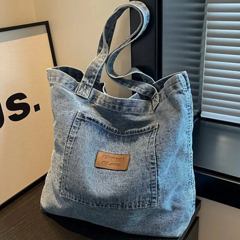 Denim Fabric Handbag Soft Portable Lady Chic Tote Bags Washed Denim Casual Women\'s Denim Bag Crossbody Bag