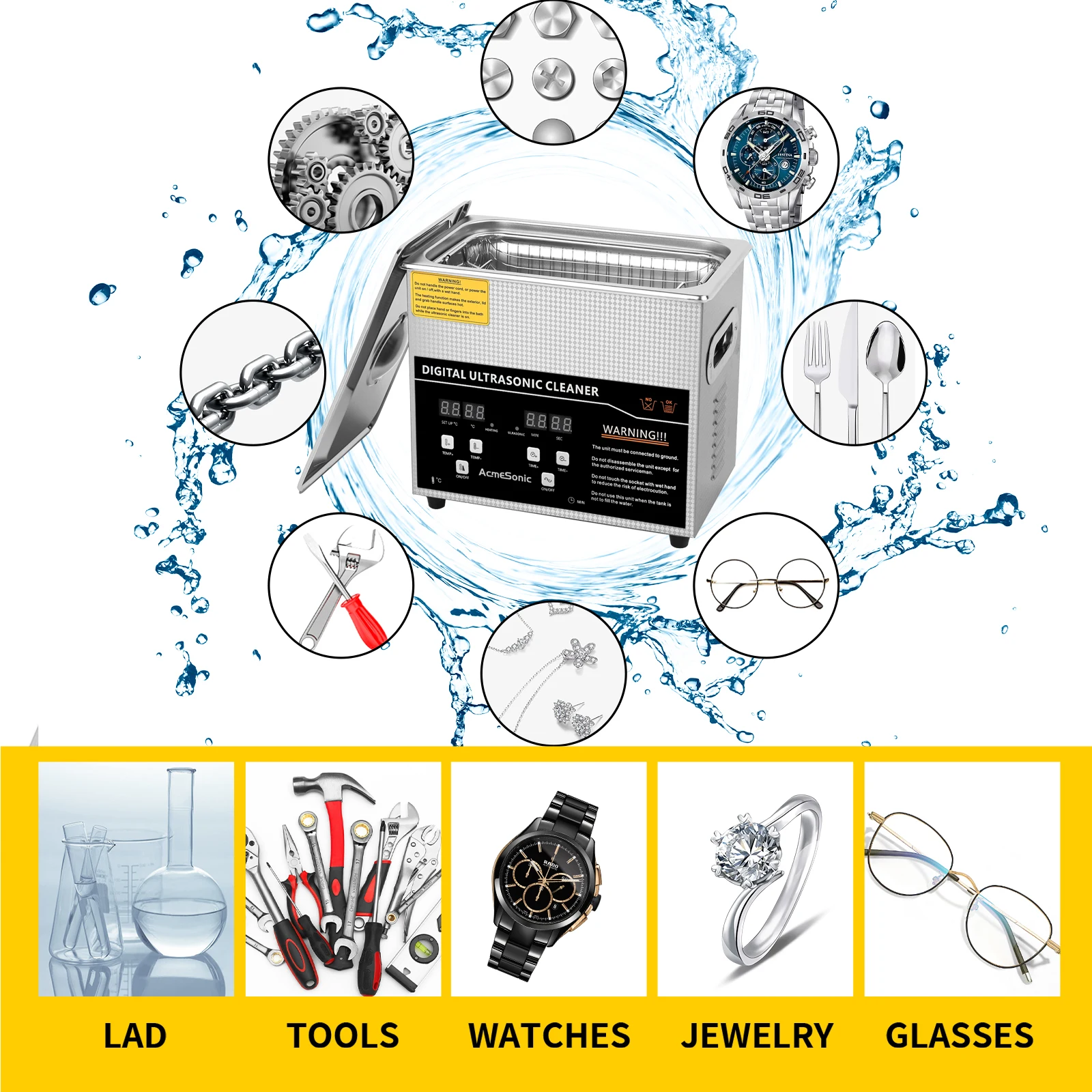 Pulitore ad ultrasuoni digitale ACMESONIC 3L 40kHz con timer SUS 304 in acciaio inossidabile per strumenti per uso in laboratorio di gioielli