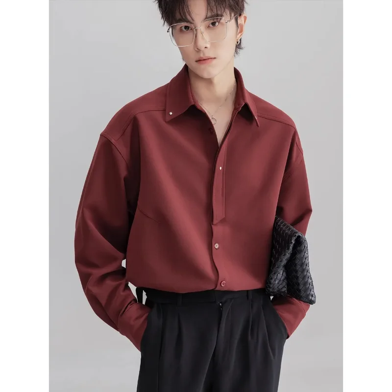 

Мужская бордовая рубашка оверсайз с длинным рукавом на пуговицах, повседневная, свободного кроя, однотонная