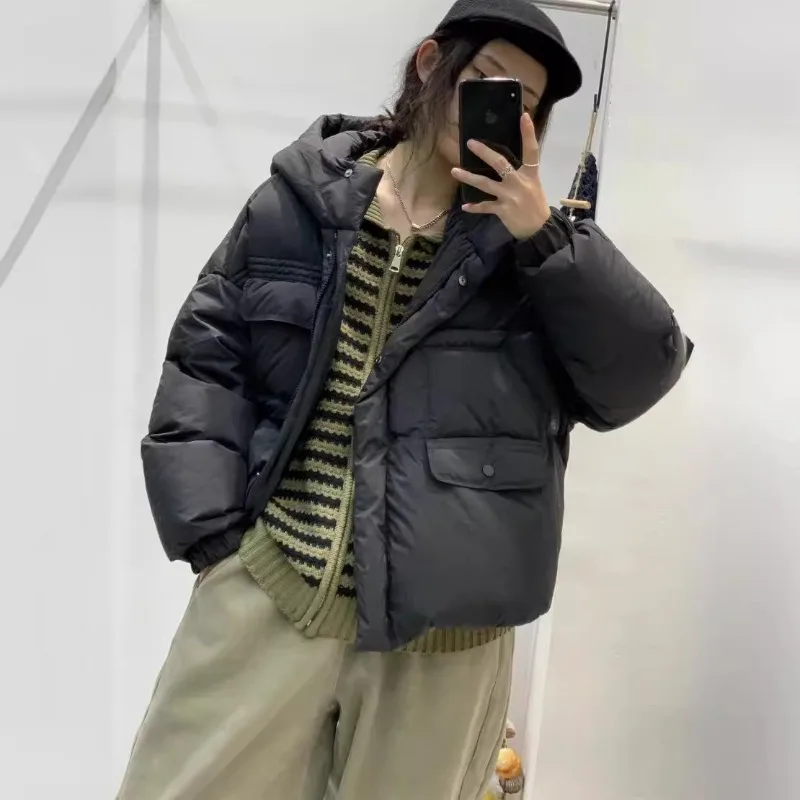 Women's Winter Down Coats Warm New Korean Loose Bread Coat Outerwear Hooded Petite Down Jacket Short Length White Duck Down Coat