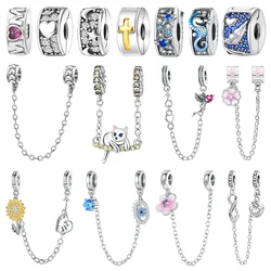 Original 925 Sterling Silver Safety Clasp Heart Flower Safety Chain Beads Pendant Charms for Pan Bracelet Jewellery Clips