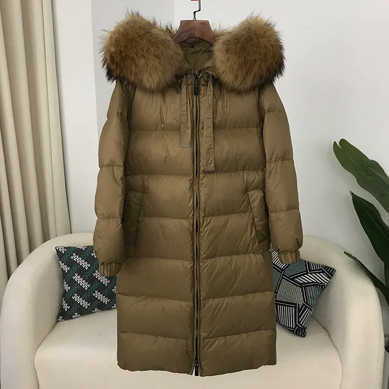 MENINA BONITA 2023 Real Raccoon Fox Fur Collar Hooded Long Jacket Winter Women White Duck Down Female Warm Coat Luxury Outerwear