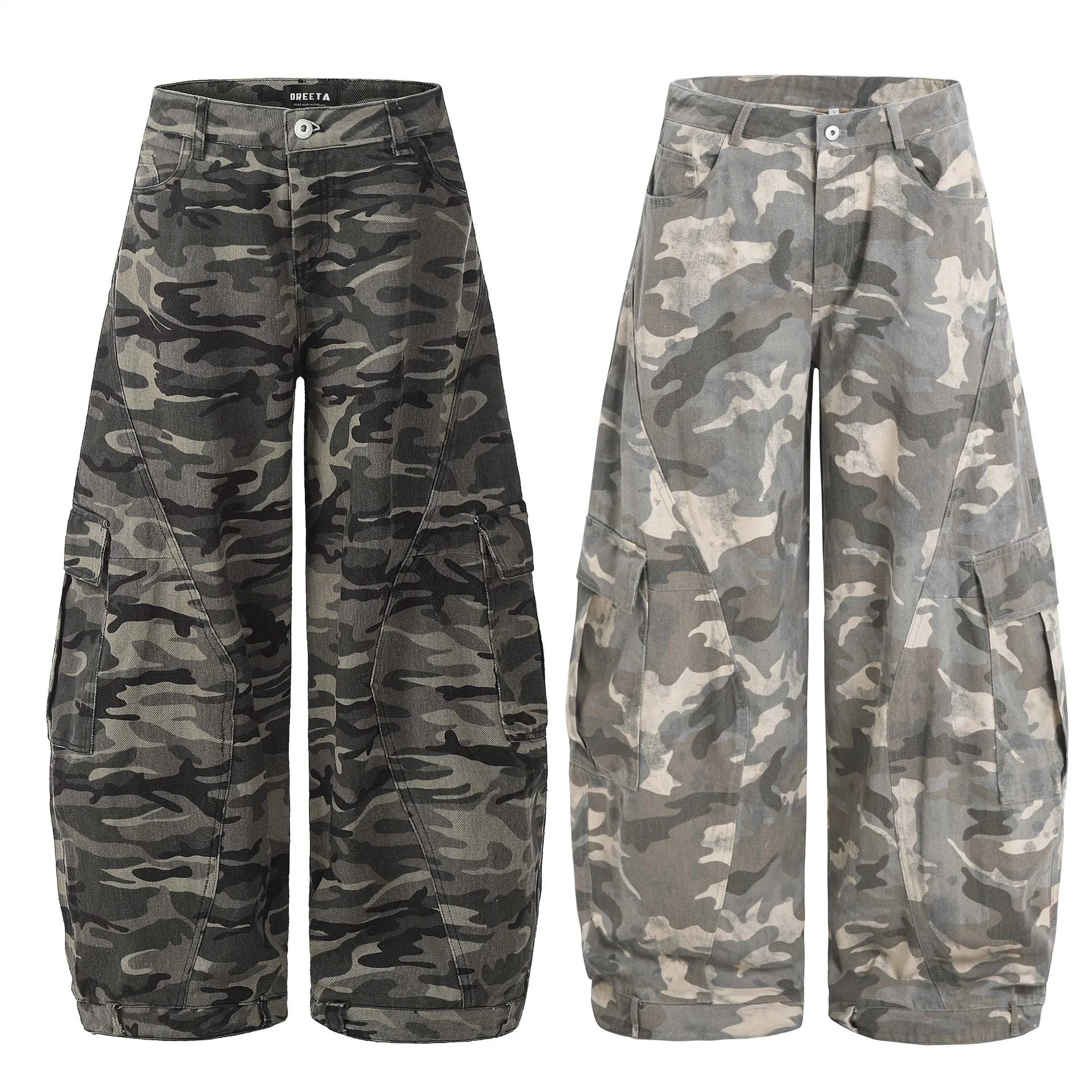 OR FL American Style Retro Wide Leg Camouflage Curved Knife Women's 100 cotton Cargo Trousers  High Street Casual Pants Women