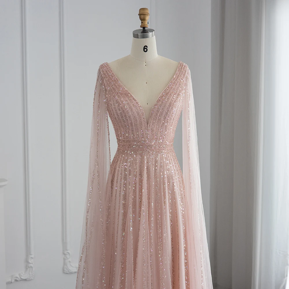 Sharon Said Luxuriöse Champagner-Abendkleider mit Cape-Ärmeln, Arabisches Grün-Nude Ballkleid für Damen, Hochzeitsfeier SS322 Maßanfertigung – Detail 21