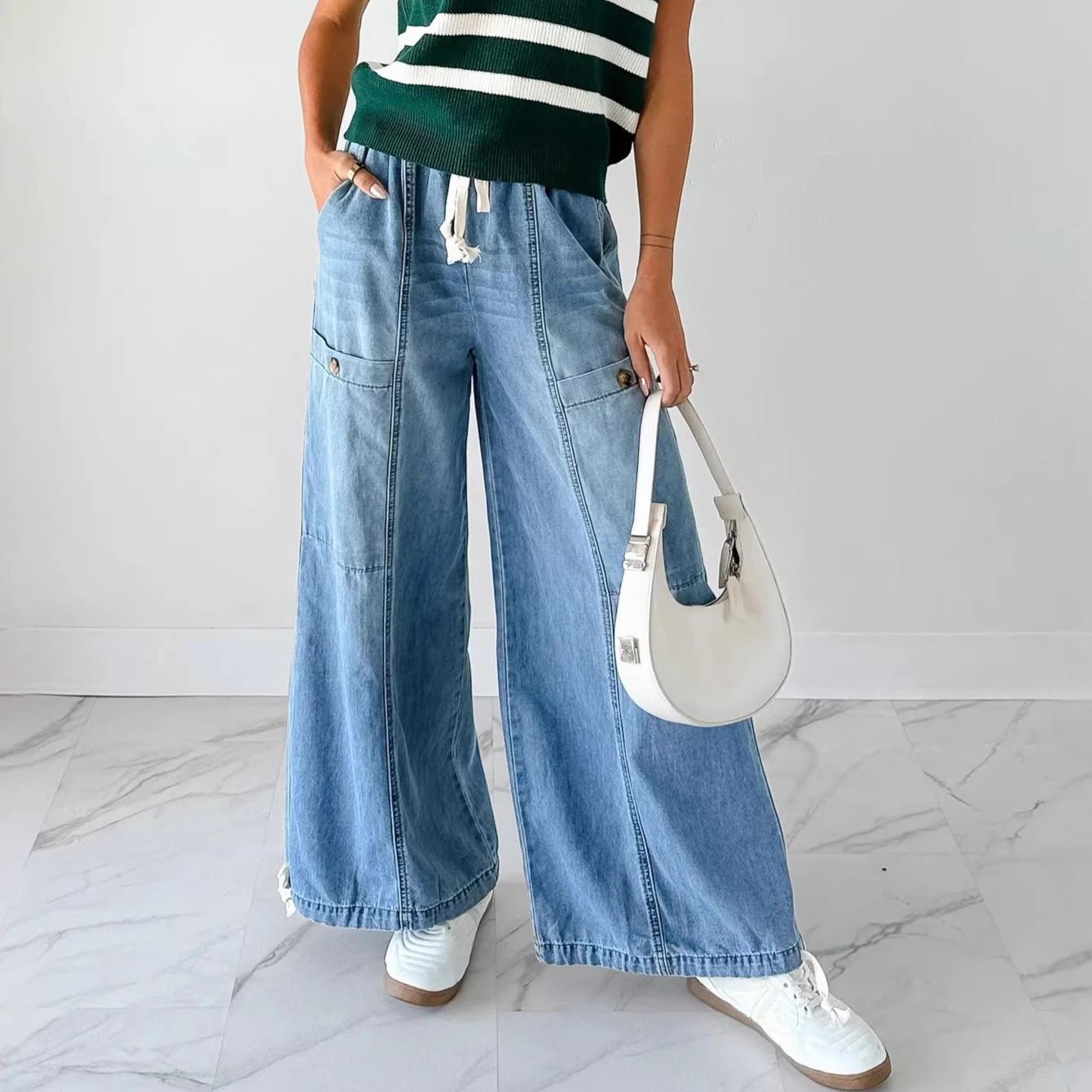 

Denim Pant Women Jeans Vintage Wide Leg Long Pants Elastic Waist Straight Trousers Y2k Streetwear Elegant Work Casual Loose 2026