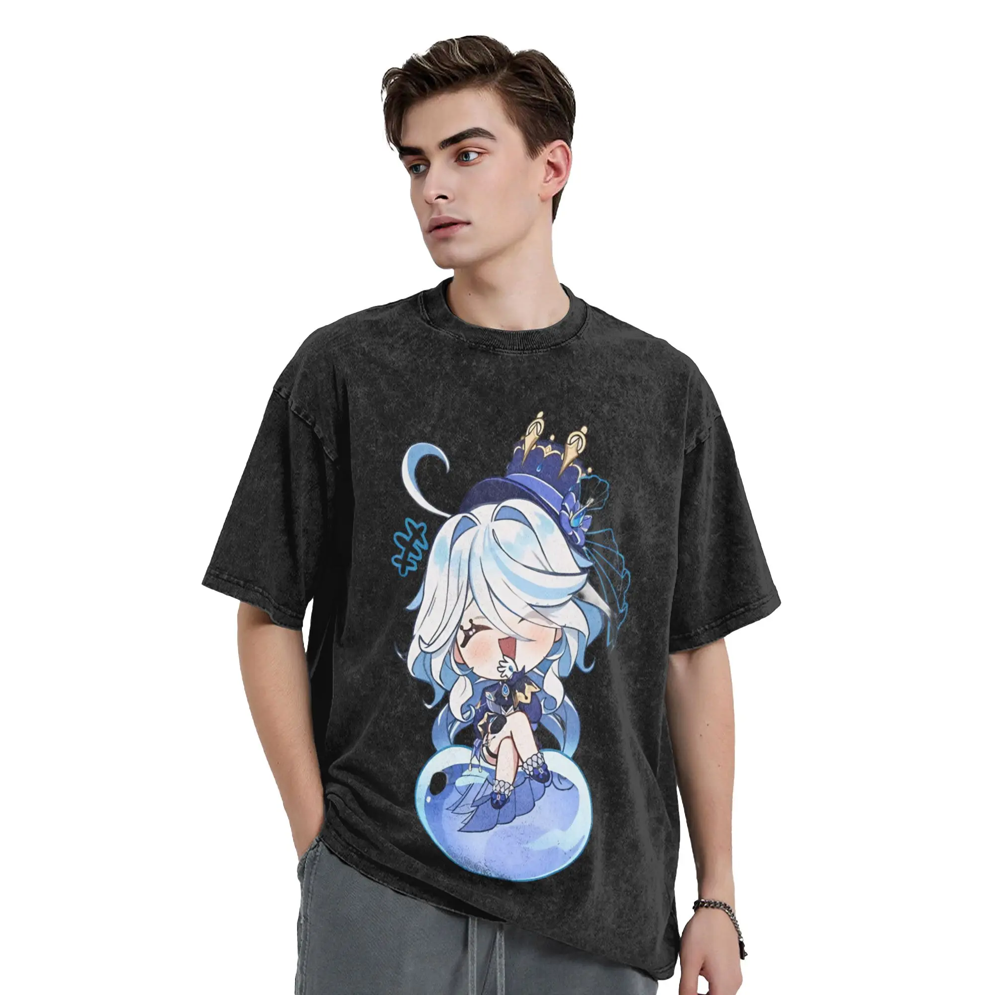 Chibi Furina T Shirt Hip Hop Washed Short Sleeve Harajuku T-Shirt Genshin Impact Game Vintage for Men Women Tops Printed Tees