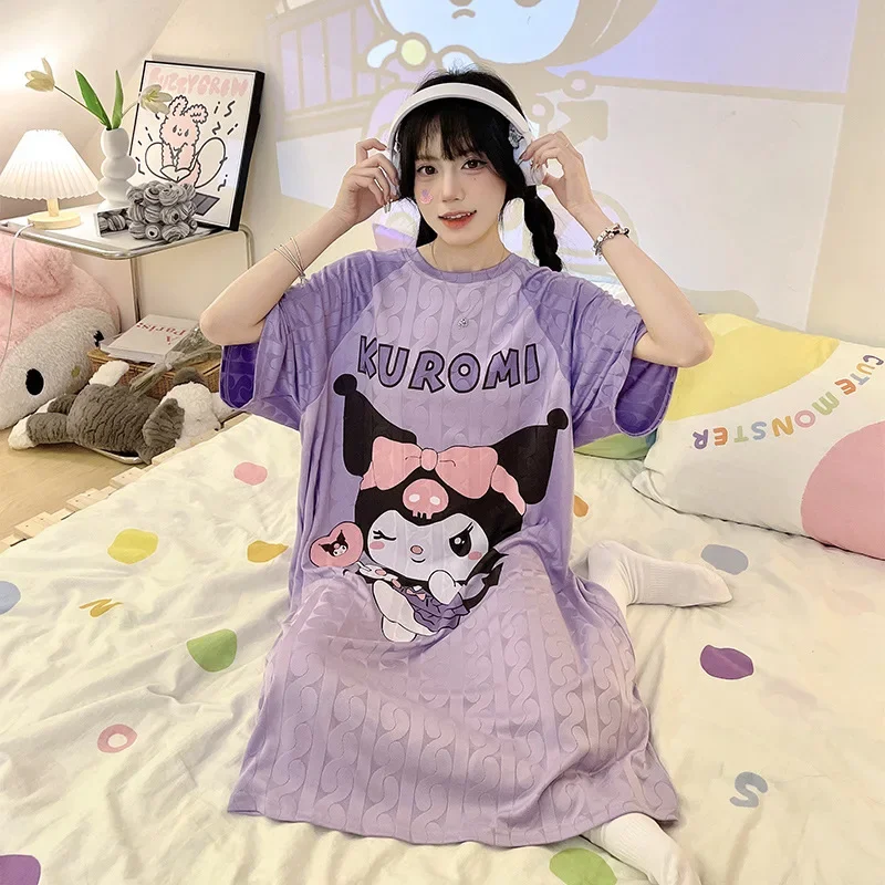 Sanrio, Kuromi, My Melody, Cinnamoroll, Summer Short-sleeved Long Ice Silk Students' Home Clothes Nightdress