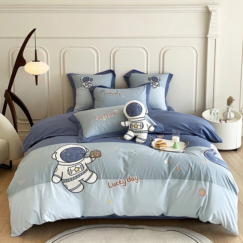 

Blue Cute Cartoon Astronaut Embroidery 100% Cotton Boys Bedding Set Single Duvet Cover Set Bed Sheet Pillowcases Gifts For Child