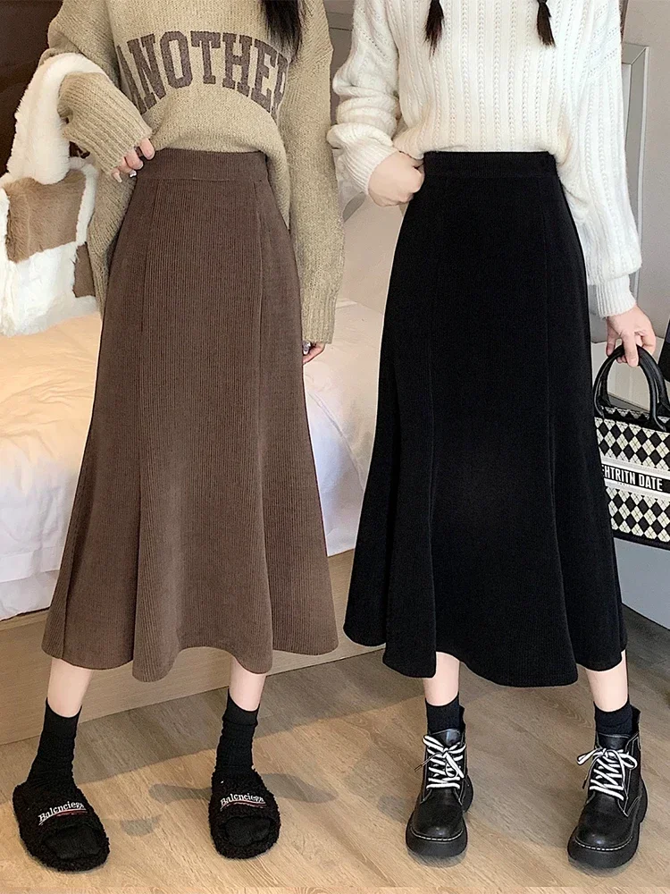 

Long Mermaid Skirt Women Autumn High Waist Ruffles Midi Skirts Female Korean Fashion Elegant Elastic Black A-line Skirt Z485