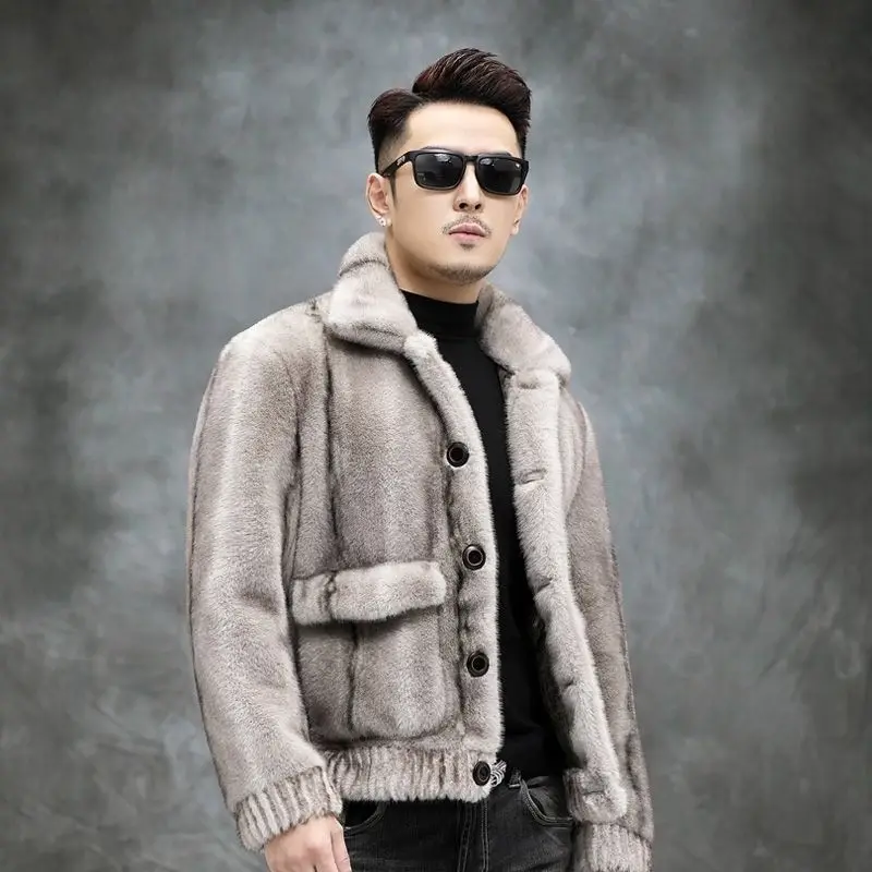 Winter New Men Mink Coat Male Double-Sided Wear Fashion Solid Color Short Fur Striped Outwear Thickened Warm Casual Outcoat