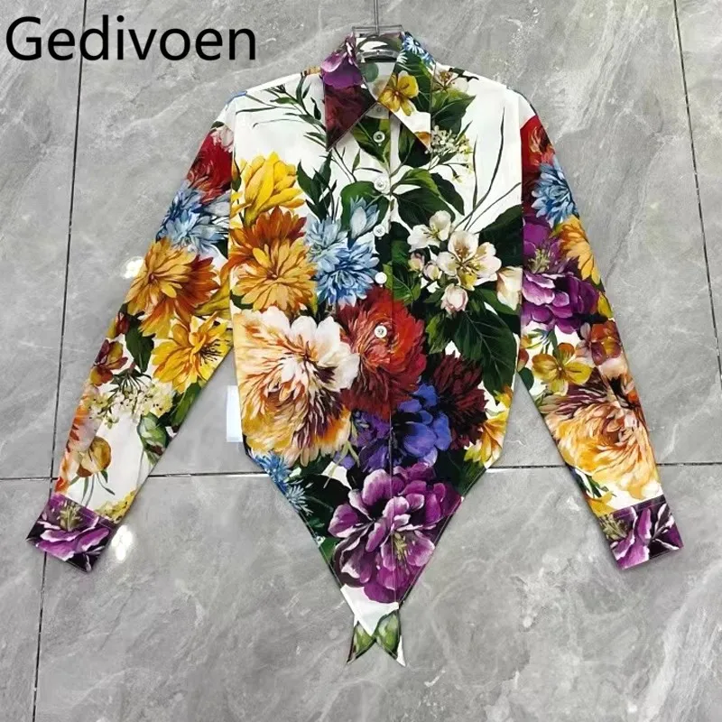 

Gedivoen 2025autumn new All cotton Long sleeved shirt lapel Single buckle printing artistic sense shirt