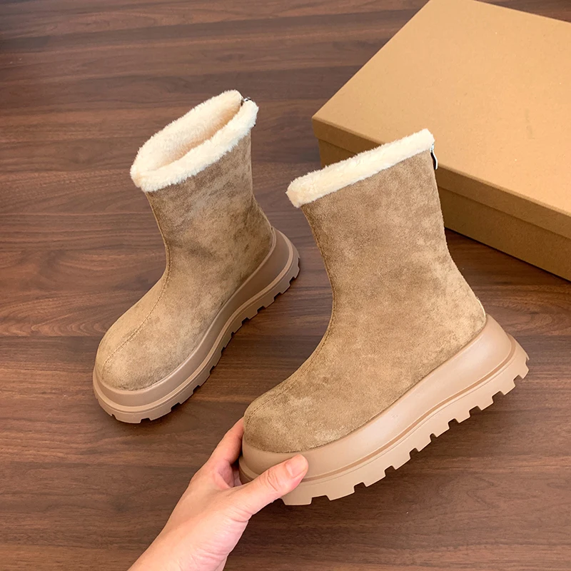 الفراء النساء الثلوج حذاء من الجلد الشقق الجلد المدبوغ أحذية منصة شتاء دافئ 2025 موضة قصيرة أفخم أحذية قطنية العلامة التجارية الجديدة Mujer Botas #3