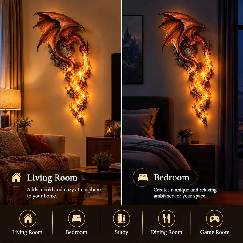 Dragon Wall Sculpture LED Light Fire Breathing Dragon Wall Art Decor Resin Statue Ornament for Home Living Room Gothic Wall Hang - view 3