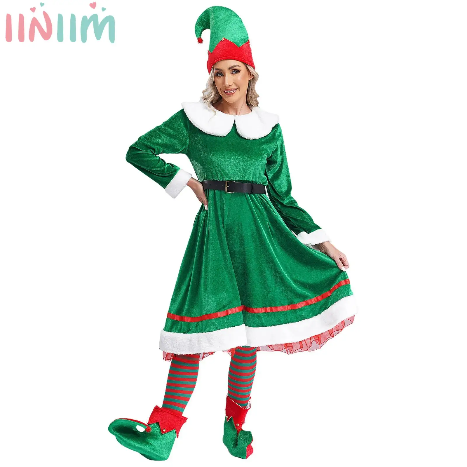 5PCS Women Lovely Christmas Elf Suit Tinkle Bell Flannel Dress with Belt Hat Striped Stockings Shoes