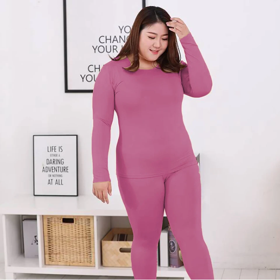 Plus Size Thermal Set Women Long Johns Set Solid Warm Thermal Underwear Thermo Long Sleeve Pants Pajamas Set Winter Home Clothes