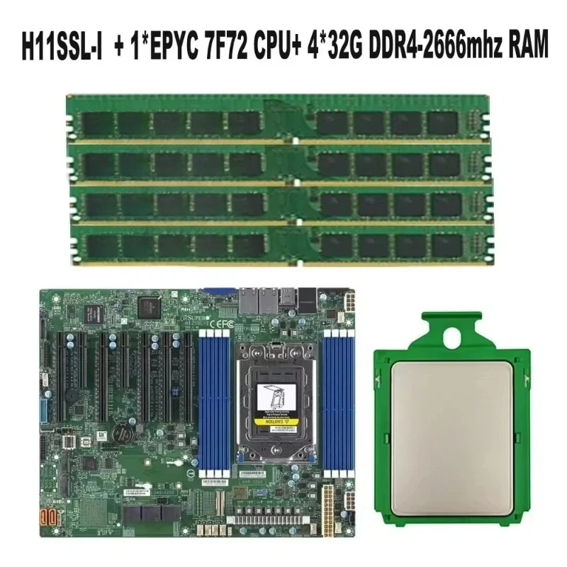 

For Supermicro H11SSL-I Motherboard Socket SP3 / 1PCS EPYC 7F72 24C/48T 240W CPU Processor / 4* 32GB=128GB RAM DDR4 2666mhz Me
