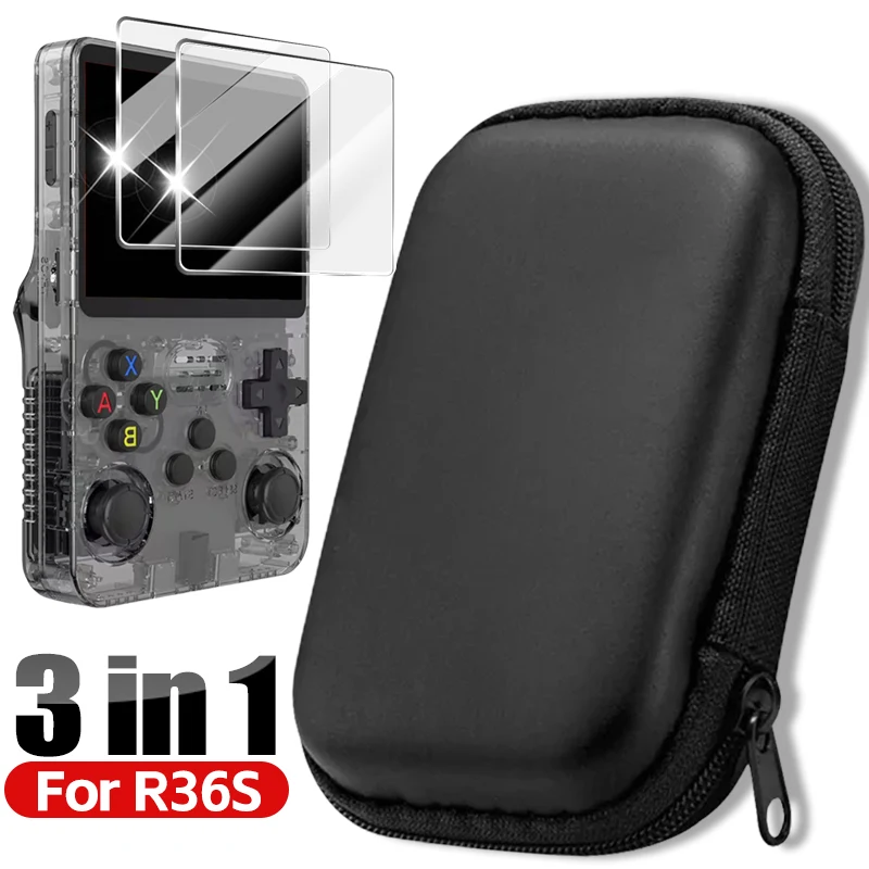 Bag with Screen for R36S Game Console Protector Accessories Kit Screen Protector Tempered Glass Film & EVA Portable Storage Bag