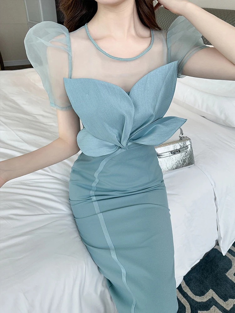 Vestidos de festa formais elegantes franceses para mulheres, requintado, socialite, pétala, malha transparente, manga bolha, midi, robe, data de casamento