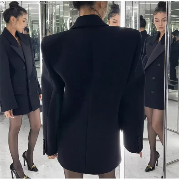 Hepburn Style Black Blazer Jacket Women Autumn New Vintage Casual High Quality Woolen Padded Shoulder Mid Length Suit Coat G709