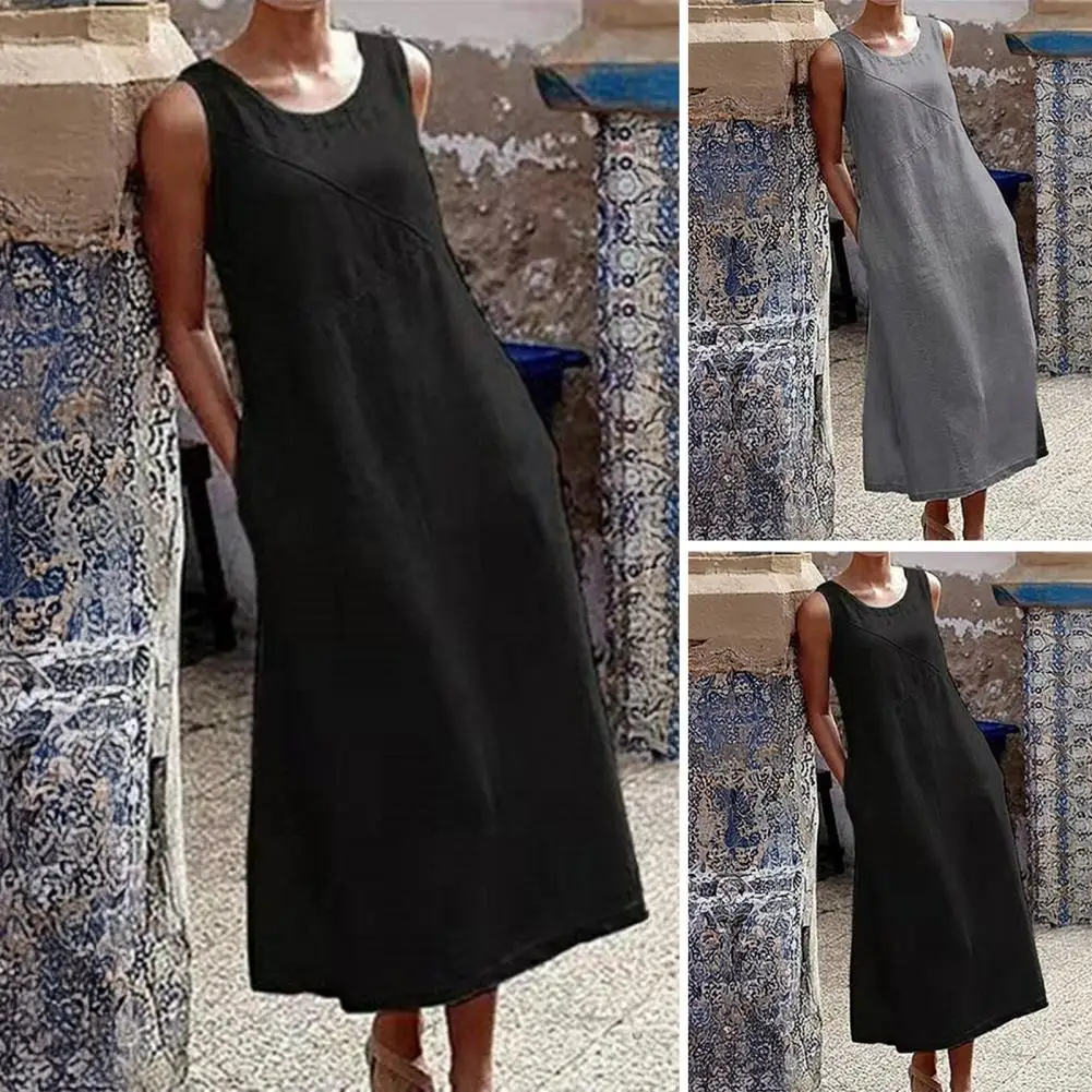 Women Polyester Dress Elegant Maxi Dress with Pockets for Women Loose Crew Neck Tank Dress for Beach Vacation Long Sundress