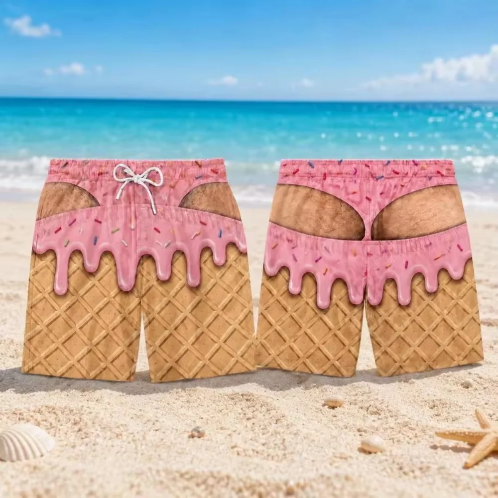 Men's 3D Ice Cream Pattern Cut out Swim Trunks Cute Beach Shorts Summer Thong Bikini Funny Gay Pride Hawaii Pool Party Wear