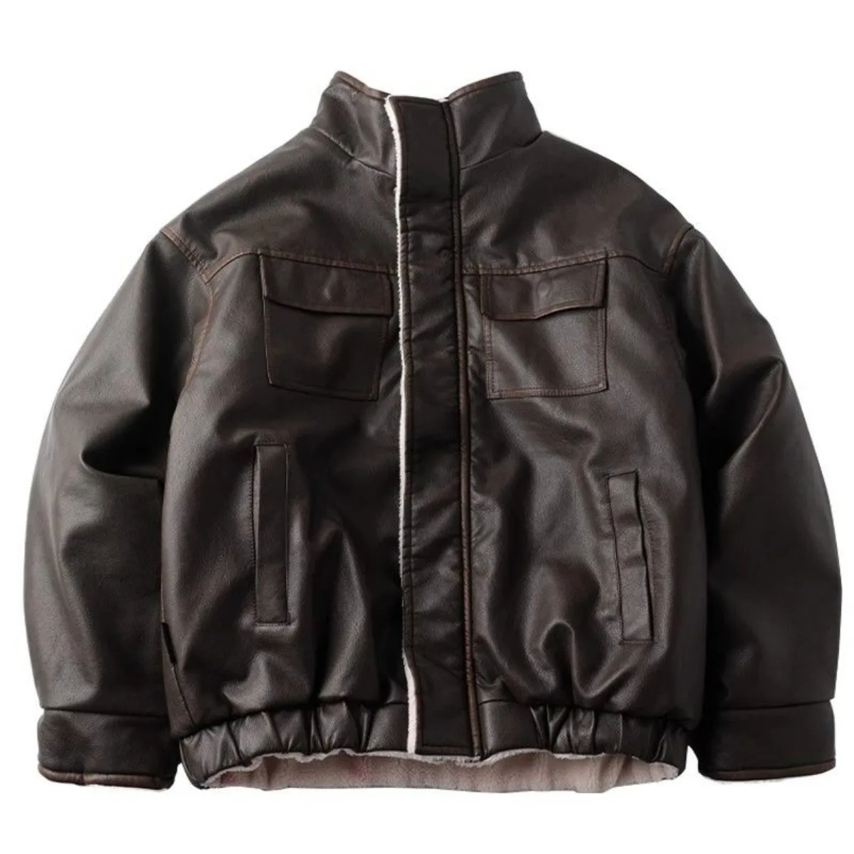 Luxury Vintage Leather Jacket Men's Clothing Autumn Winter Warm Fleece PU Leather Coats Pocket Zips Streetwear Windproof Jacket