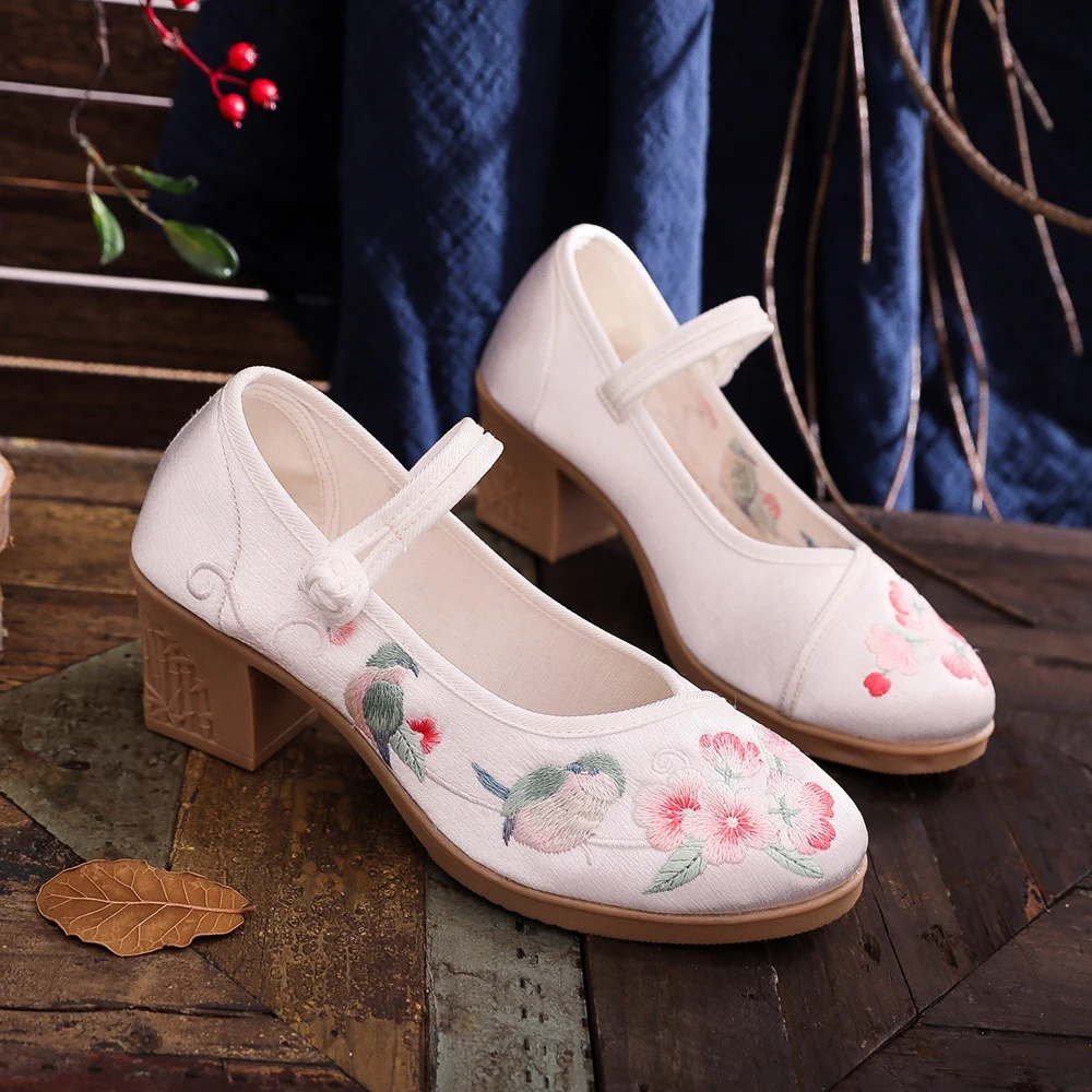 Veowalk Women Satin Embroidered 6cm Block Heel Shoes Comfortable Elegant Ladies Casual Mary Janes Chinese Style Shoes Black Pink