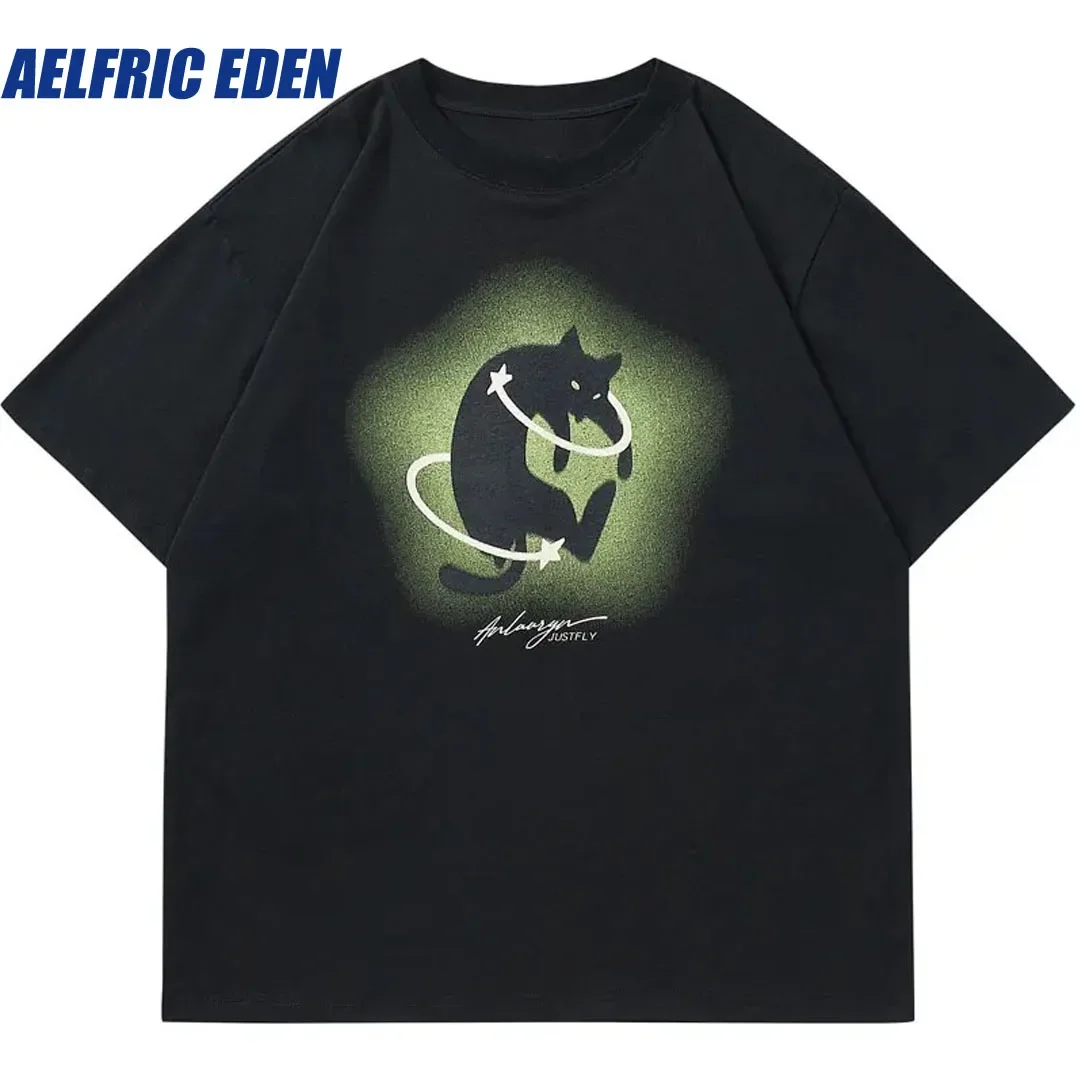 Aelfric Eden Hip Hop Men T-Shirt Harajuku Black Cat Star Graphic Print Tshirt 2024 Summer Punk Gothic Loose Cotton Shirts Tee