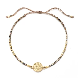 ZMZY Ancient Coin Saint Benedict Rosary Bracelet Glass Beads Strand Rope Catholic Religous Jewelry For Men Women
