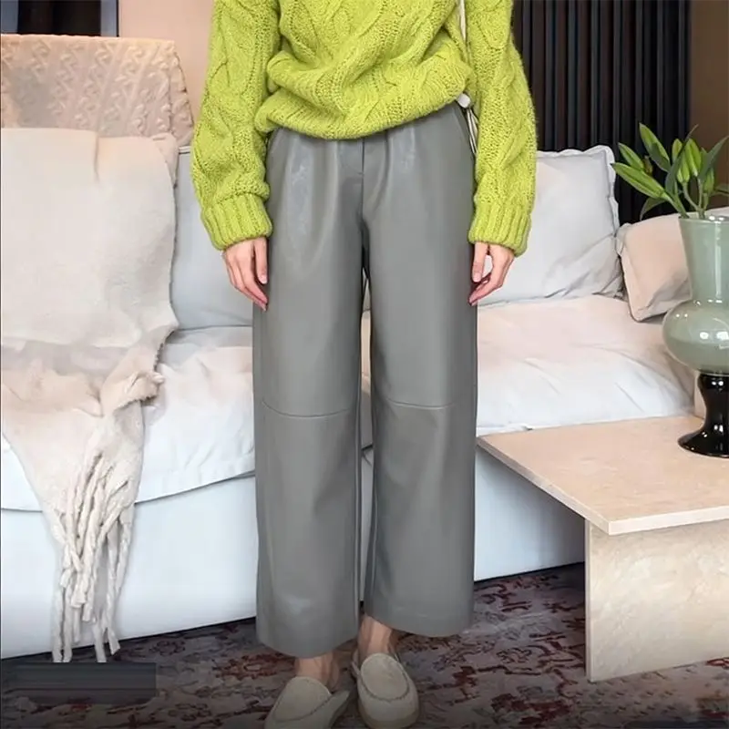 elastic waist wide-leg casual pants women's 2025 autumn new simple commuting versatile fashion nine-point leather pants