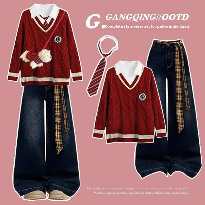 

Красный свитер на Хэллоуин, женский зимний модный корейский свободный крой, длинная рабочая одежда из полиэстера, брюки, ансамбль