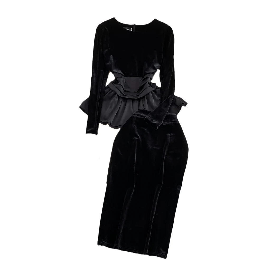 Autumn Winter Elegant Round Neck Cinched Waist Lotus Leaf Velvet Shirt+high Waist Wrapped Hip Skirt Two-piece Set