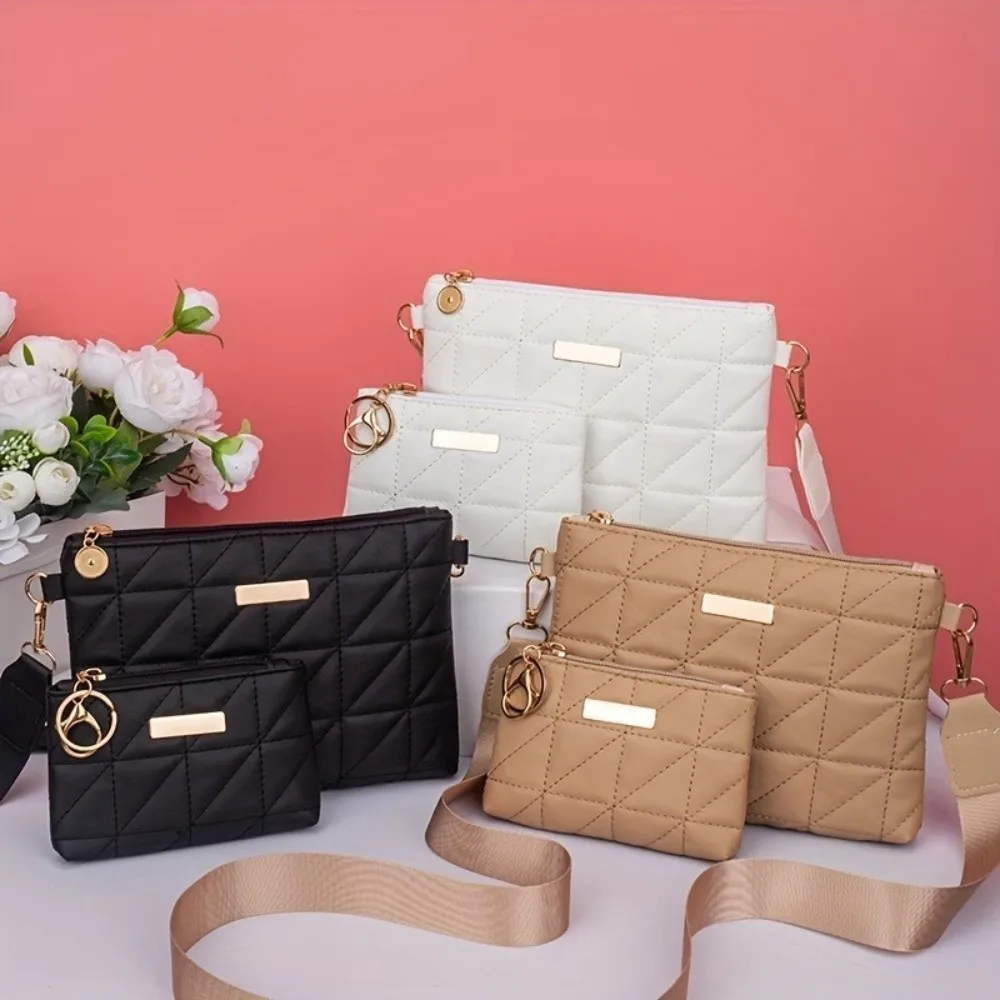2Pcs Practical PU Leather Phone Bag Wallet Quilted Design Solid Color Crossbody Bag Multi-functional Storage Bag Daily Use