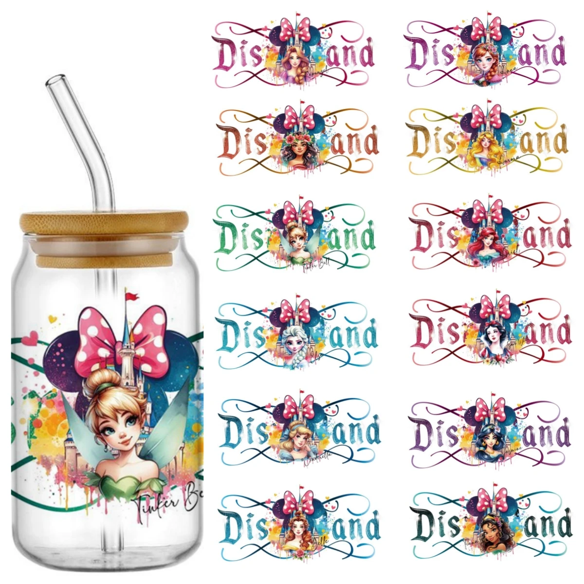 Miniso Disneyland Princess pattern 3D Waterproof UV DTF Cup Wrap For 16oz Libbey Cartoon Princess Glass Can DIY Transfer Sticker