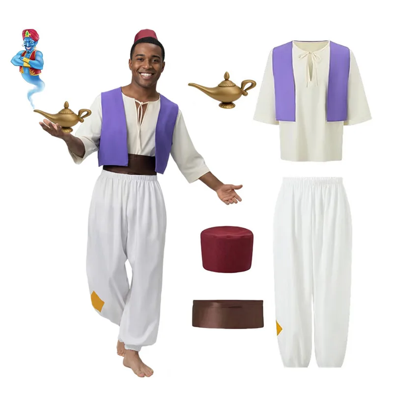 Männer Aladdin Prinz Halloween Kostüm für Erwachsene Arabische Nächte Cosplay Party Performance Outfit mit Genie Lampe Prop Geschenk