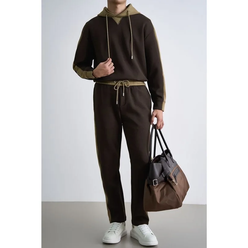 New autumn and winter patchwork color hooded sweatshirt, casual straight leg pants two-piece set, men's trendy versatile set