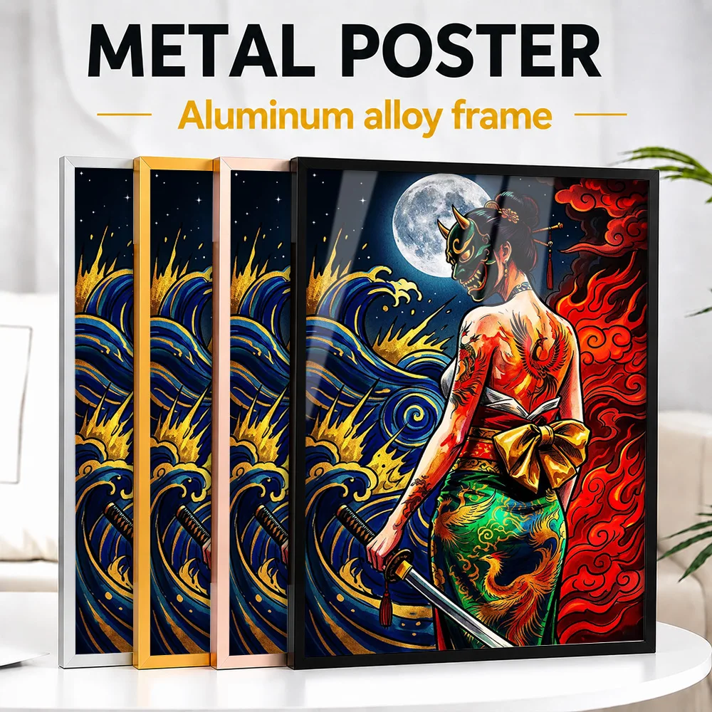 Oni Mask Samurai Woman With Phoenix Framed Metal Poster Customized Comic Style Wall Art For Reading Room And Creative Studio