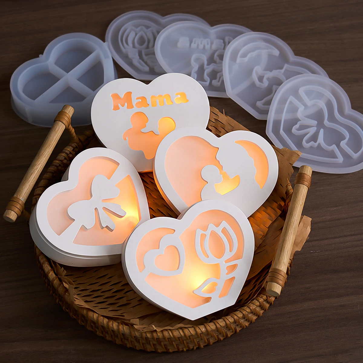 Mother's Day Love Shape Silicone Mold Hollow Design Mother LED Atmosphere Light Gift Box Candle Gypsum Resin Mold DIY Home Decor